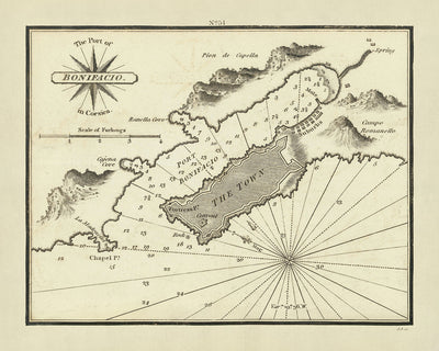 Seekarte des alten Hafens von Bonifacio von Heather, 1802: Tiefenmessung, Festung, Ranella Cove