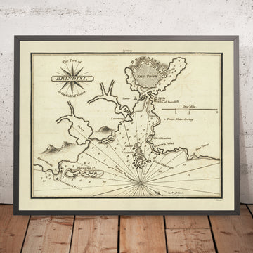 Puerto Viejo de Brindisi, Italia Carta Náutica por Heather, 1802: Castillo Suabo, Gran Pasaje, Guerras Napoleónicas 