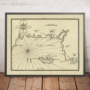 Carta Náutica del Viejo Puerto de Heraklion por Heather, 1802: Candia, Creta, Bahía de Suda, Mediterráneo 