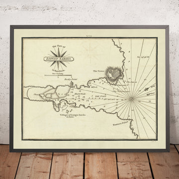 Vecchio Porto di Longo Sardo, Carta Nautica della Sardegna di Heather, 1802: Torre, Punto Roccioso, Fondali 