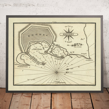 Carta Náutica del Viejo Puerto de Rodas por Heather, 1802: Sondeos, Anclajes, Ciudad Fortificada 