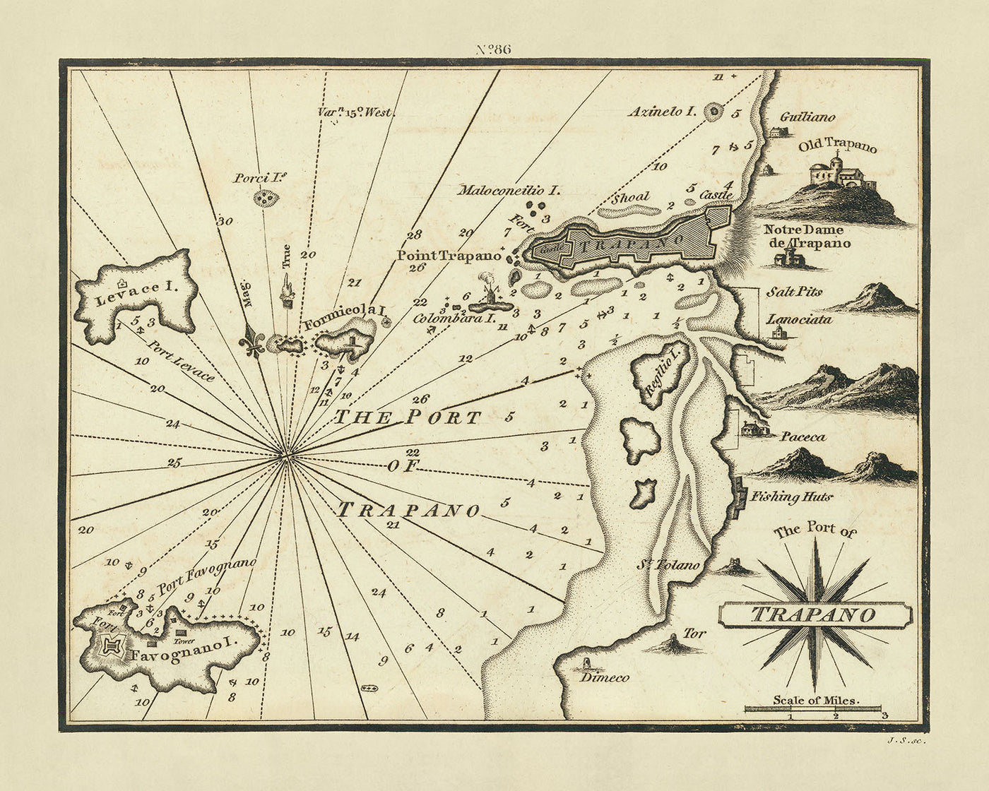 Alter Hafen von Trapano Seekarte von Heather, 1802: Befestigungen, Salzgruben, Fischerhütten