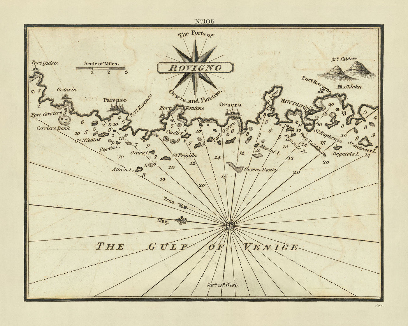 Alte Seekarte der Halbinsel Istrien von Heather, 1802: Rovinj, Poreč, Vrsar