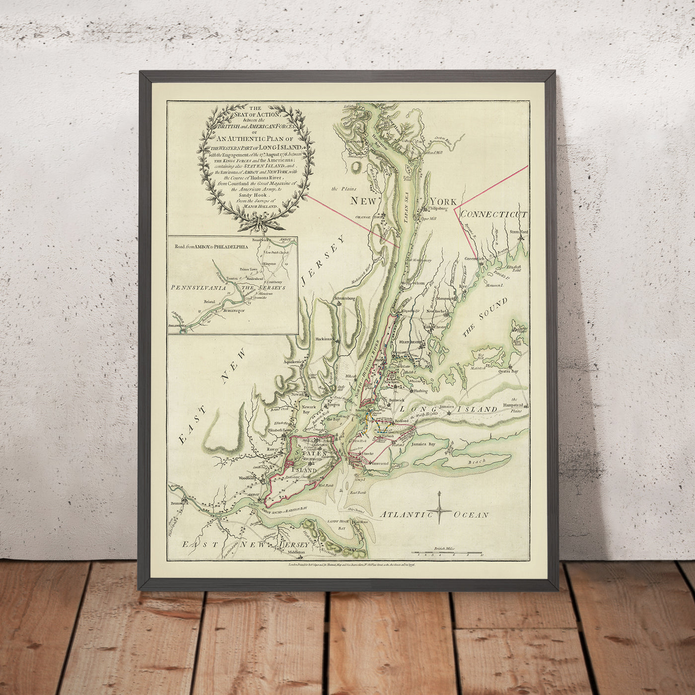 Antiguo mapa infográfico de la batalla de Long Island de Sayer y Bennett, 1776: desembarco británico, retirada estadounidense, presencia naval