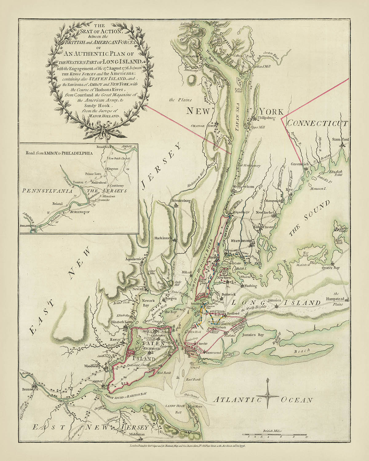 Alte Infografik der Schlacht um Long Island von Sayer & Bennett, 1776: Britische Landung, amerikanischer Rückzug, Marinepräsenz