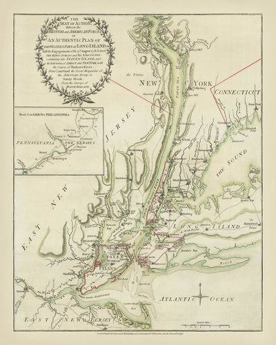 Ancienne carte infographique de la bataille de Long Island par Sayer & Bennett, 1776 : débarquement britannique, retraite américaine, présence navale