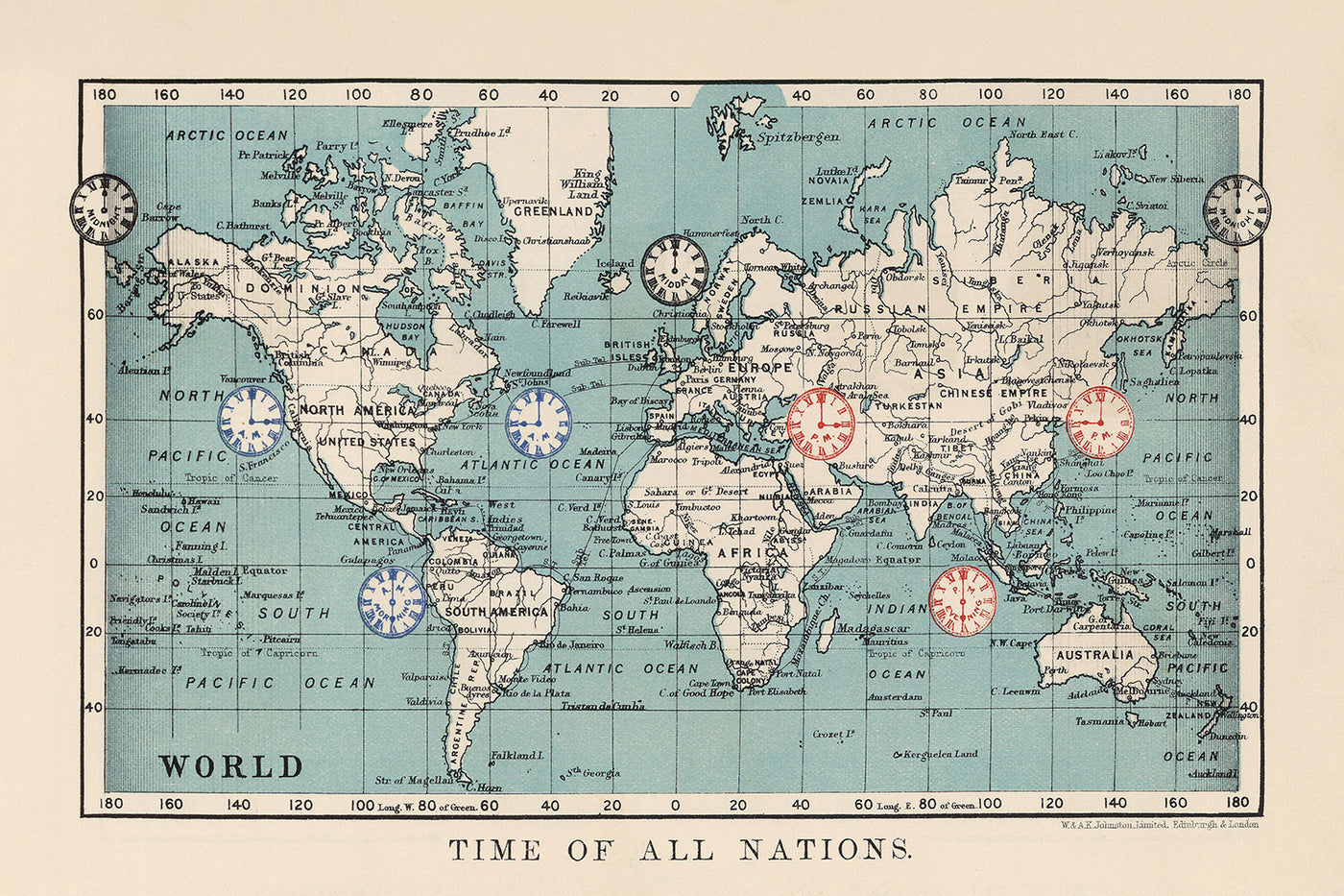 Old Time Zones World Map by AK Johnston, 1906