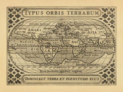 Alte Weltkarte Typus Orbis Terrarum von Bertius, 1616: Ovale Projektion, dekoratives Bandwerk, Terra Australis