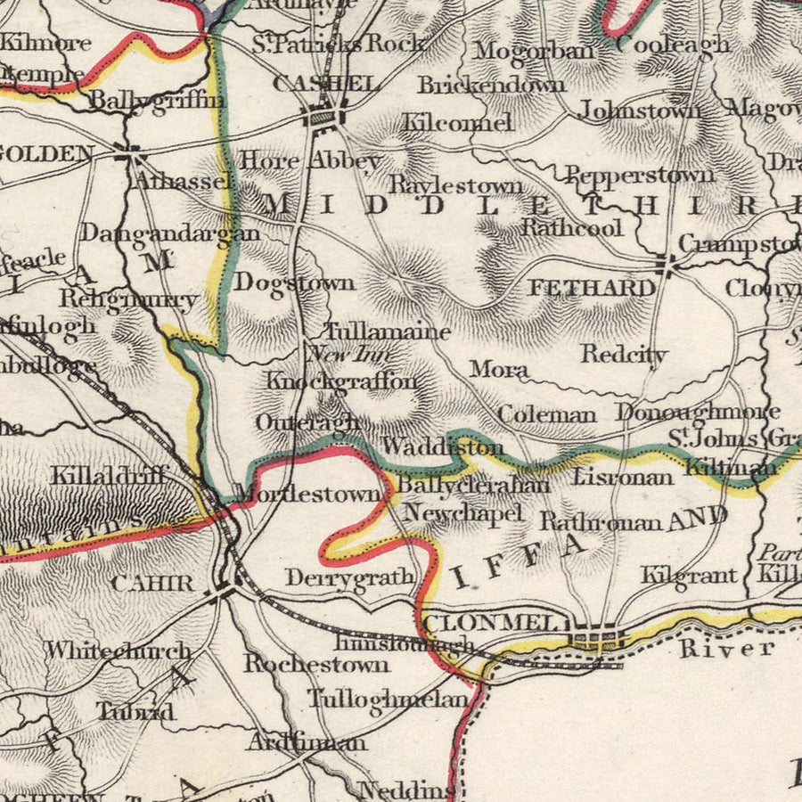 Alte Karte des County Tipperary von Samuel Lewis, 1844: Clonmel, Nenagh, Thurles, Cashel, Cahir 