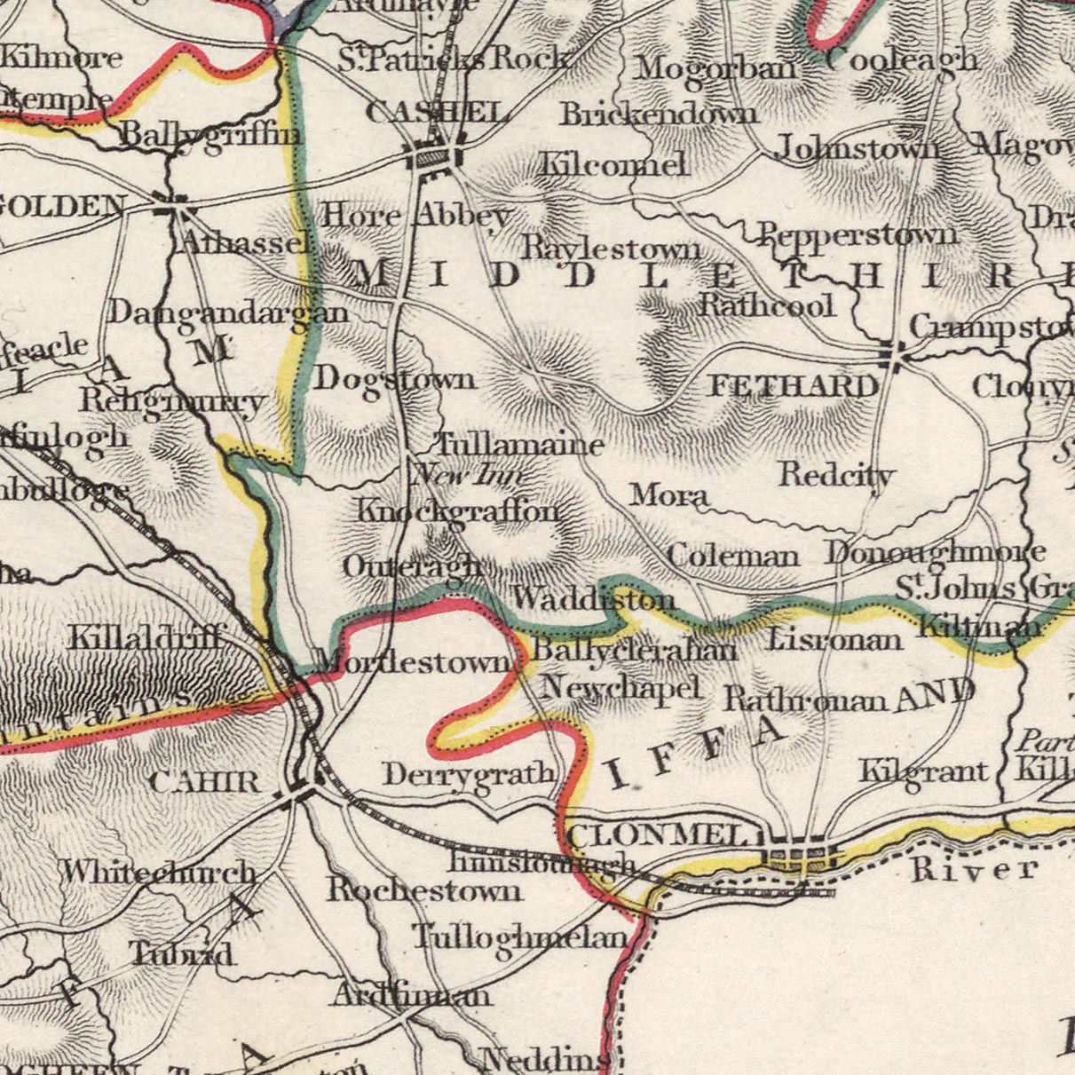Old Map of County Tipperary by Samuel Lewis, 1844: Clonmel, Nenagh, Thurles, Cashel, Cahir