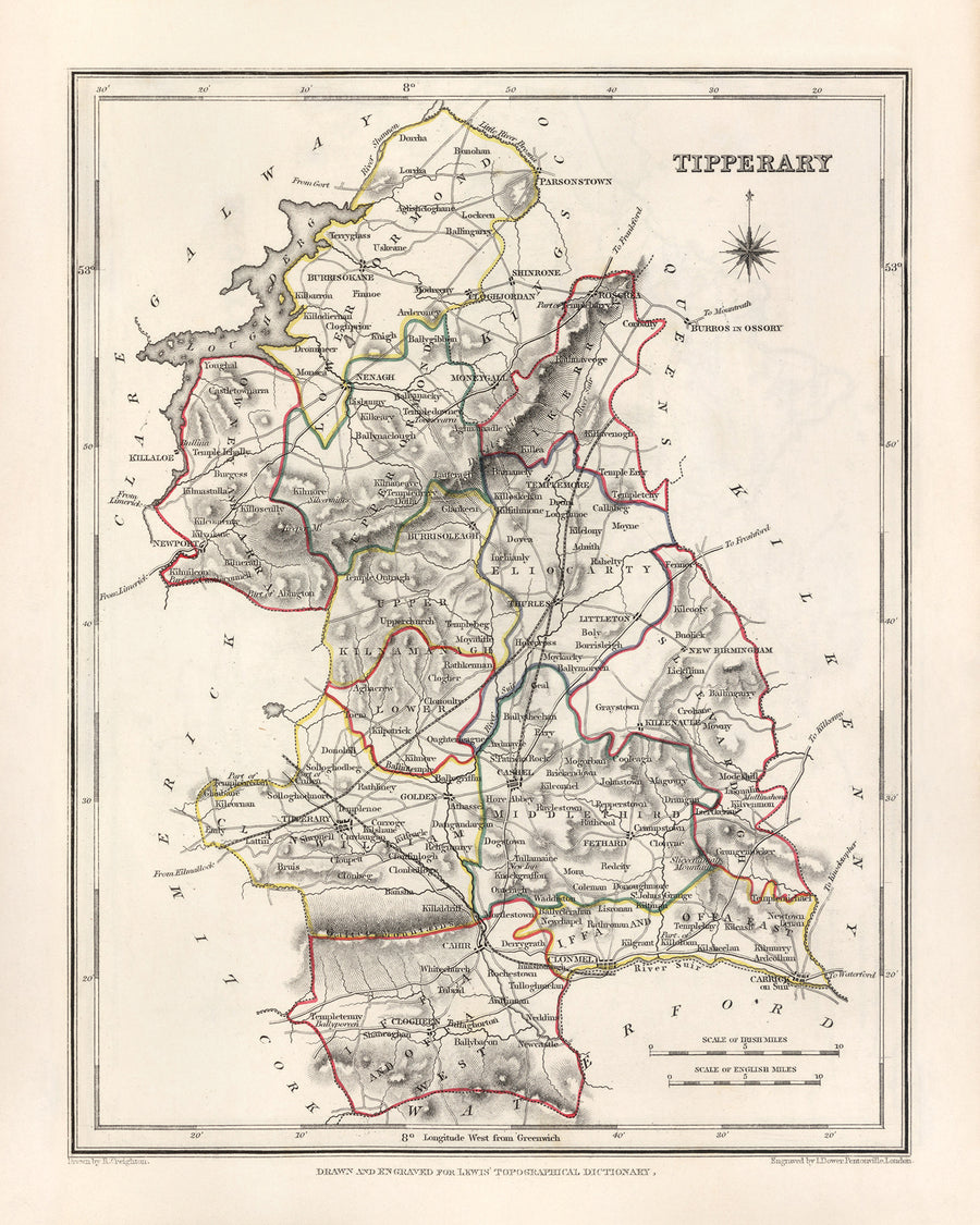 Alte Karte des County Tipperary von Samuel Lewis, 1844: Clonmel, Nenagh, Thurles, Cashel, Cahir 