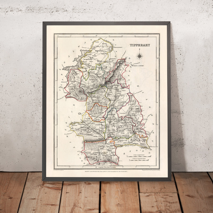 Alte Karte des County Tipperary von Samuel Lewis, 1844: Clonmel, Nenagh, Thurles, Cashel, Cahir 