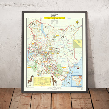 Old Pictorial Map of Kenya, 1968: Safari, Animals, Nairobi, Mount Kenya, Lake Victoria