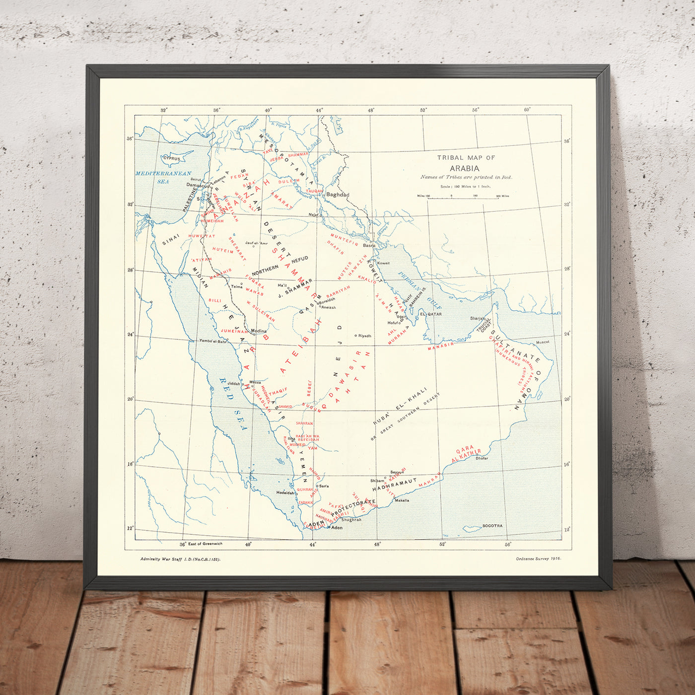Antiguo mapa infográfico de la Península Arábiga por el Estado Mayor de Guerra del Almirantazgo, 1916: tribus, ciudades, revuelta árabe
