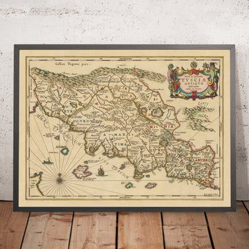 Mappa antica della Toscana da Jansson, 1652: città-stato etrusche, Lazio, Umbria, insediamenti e strade romane, Appennini, fiume Arno 