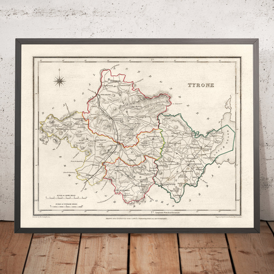 Alte Karte des County Tyrone von Samuel Lewis, 1844: Omagh, Strabane, Cookstown, Dungannon, Aughnacloy 