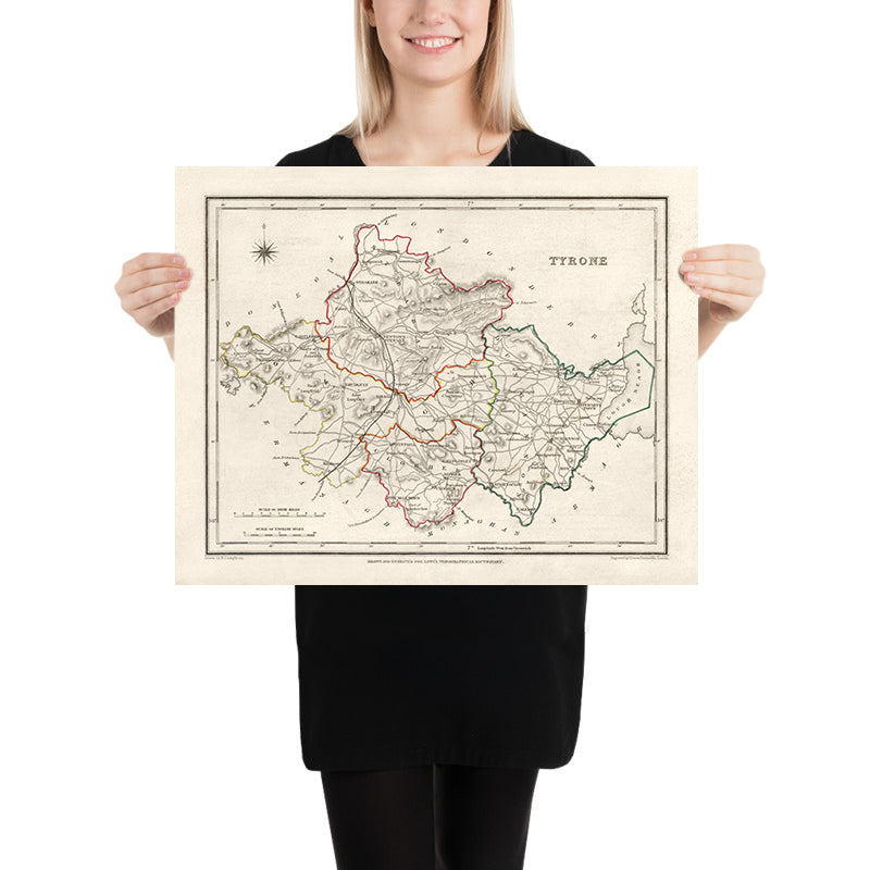 Alte Karte des County Tyrone von Samuel Lewis, 1844: Omagh, Strabane, Cookstown, Dungannon, Aughnacloy 