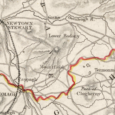Alte Karte des County Tyrone von Samuel Lewis, 1844: Omagh, Strabane, Cookstown, Dungannon, Aughnacloy 