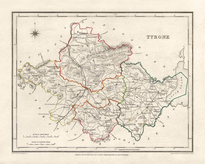 Alte Karte des County Tyrone von Samuel Lewis, 1844: Omagh, Strabane, Cookstown, Dungannon, Aughnacloy 