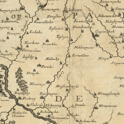 Old Map of Ukraine by Sanson, 1665: Kiev, Dnieper River, Chernihiv, Poltava, Forests