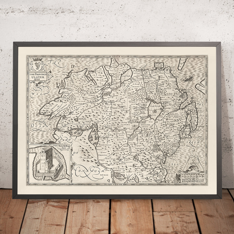 Vieille carte monochrome de Ulster, Irlande du Nord en 1611 par John Speed ​​- Belfast, Derry (pas Londonderry), comté Antrim & Down