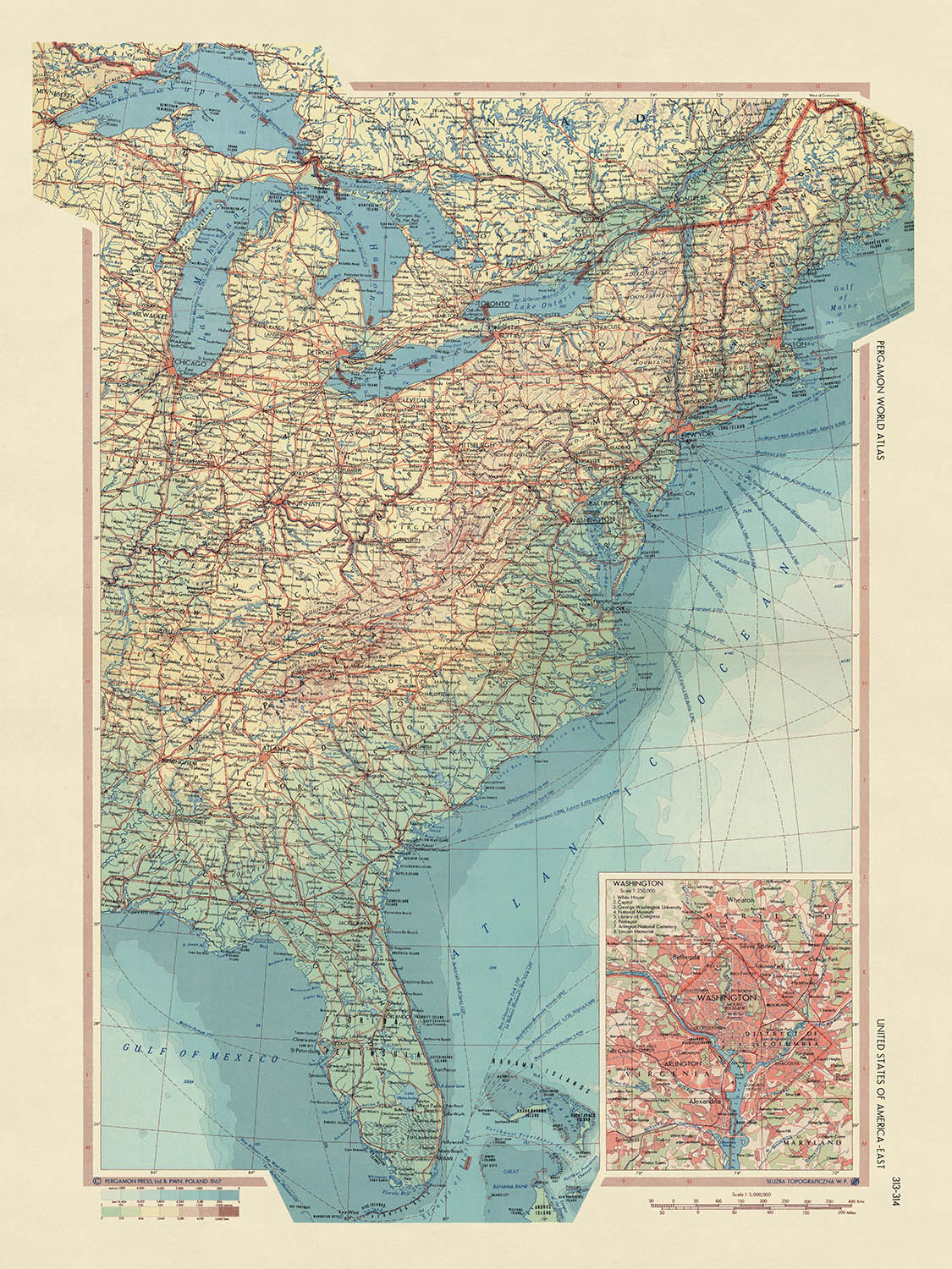 Old Map of Eastern United States, 1967: New York, Chicago, Washington D.C., Great Lakes, Mississippi River