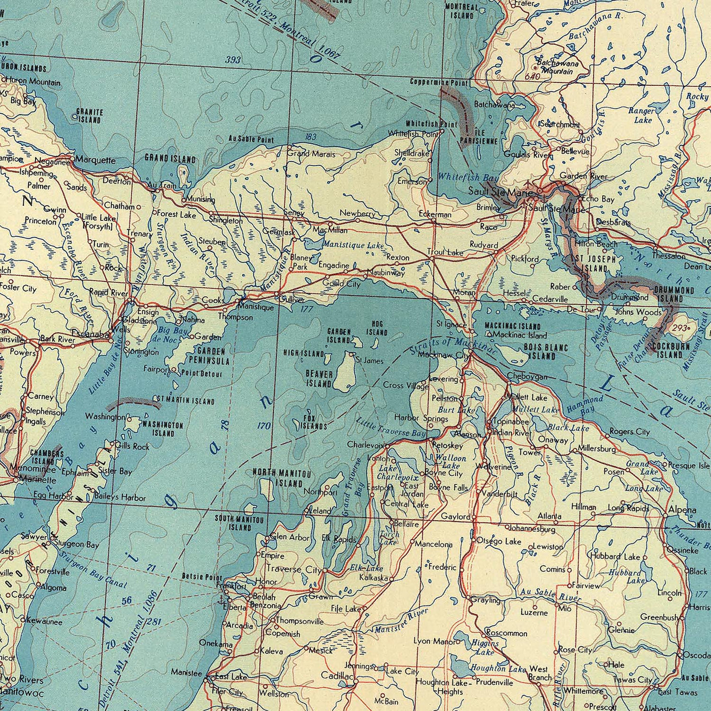 Mapa antiguo de los Grandes Lagos, 1967: Lago Míchigan, Lago Hurón, Lago Ontario, Lago Erie y Lago Superior. 