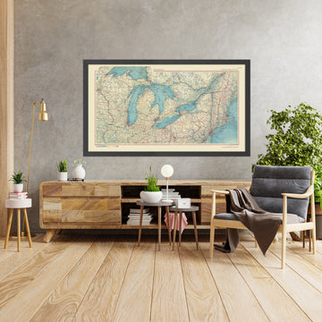 Ancienne carte des Grands Lacs, 1967 : lac Michigan, lac Huron, lac Ontario, lac Érié et lac Supérieur. 
