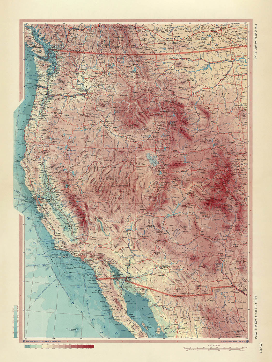 Ancienne carte de l'ouest des États-Unis, 1967 : Los Angeles, San Francisco, Yosemite, Grand Canyon, Montagnes Rocheuses