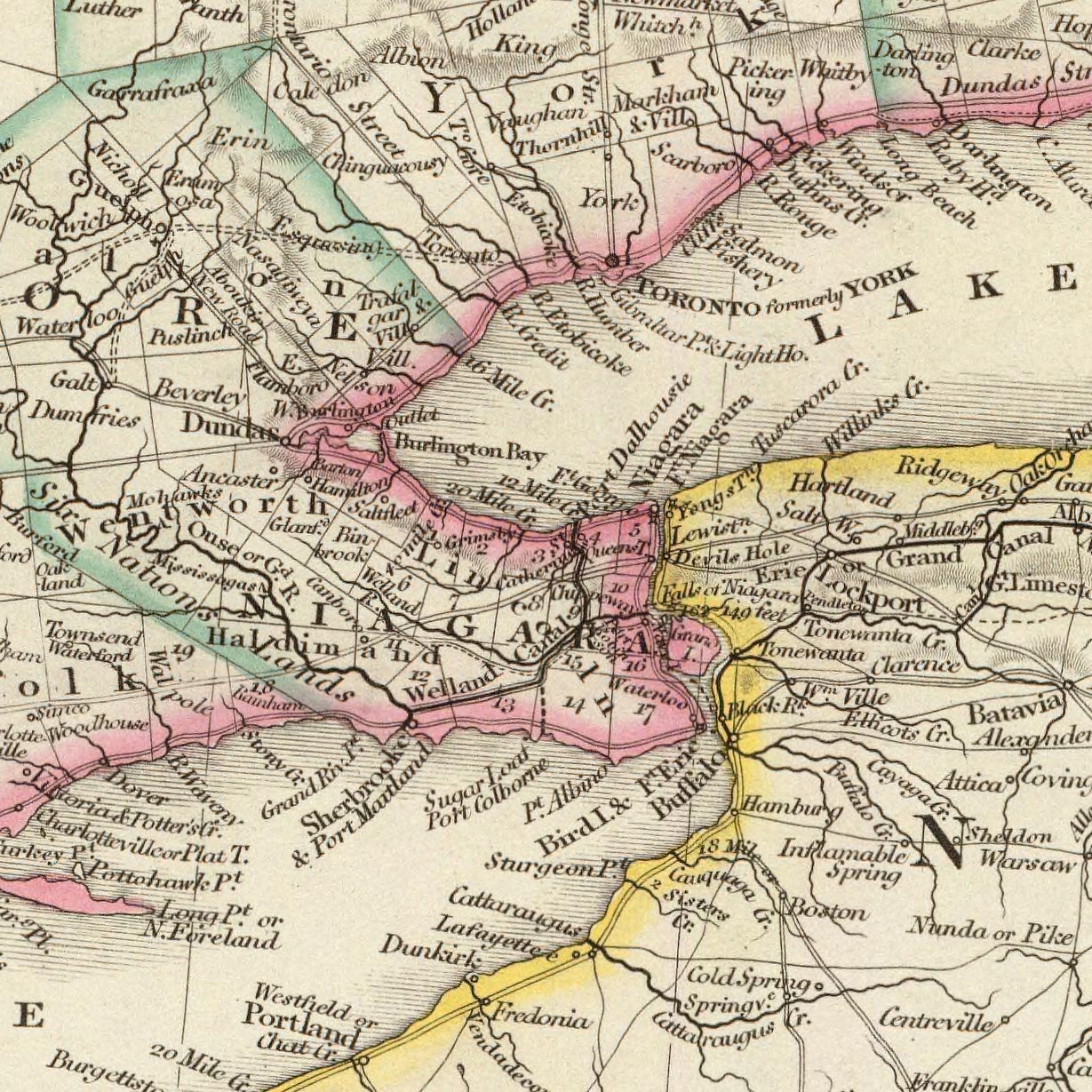 Old Map of Upper Canada (Ontario) & Great Lakes by Arrowsmith, 1844: Toronto, Niagara, Buffalo