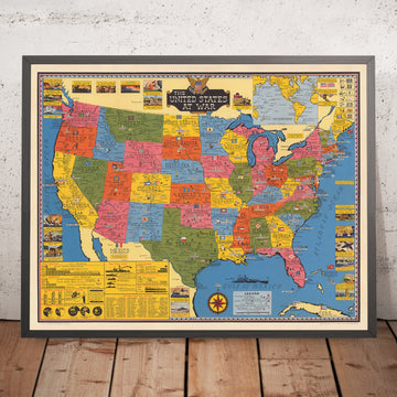 Mappa Antica degli USA in Guerra di Stanley Turner, 1943: Mappa Nazionale della Seconda Guerra Mondiale Esercito & Marina 