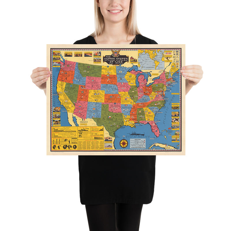 Mapa antiguo de Estados Unidos en guerra por Stanley Turner, 1943: Carta nacional del ejército y la marina de la Segunda Guerra Mundial