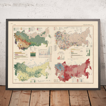 Infografik-Karte der UdSSR, 1967: Russische Bevölkerungsdynamik, industrieller Fortschritt und landwirtschaftliche Landschaft 