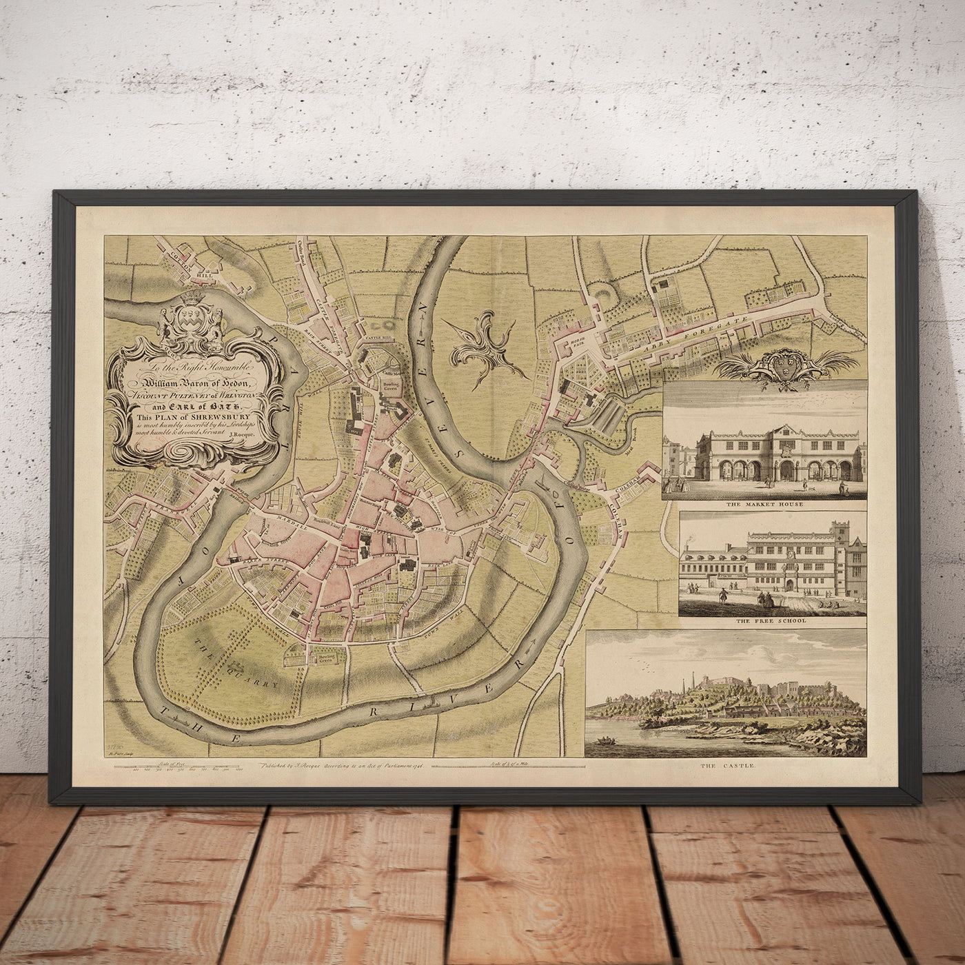 Mapa antiguo de Shrewsbury en 1746 por John Rocque - Río Severn, Frankwell, Puente Galés, Puente de Piedra, Bowling Green