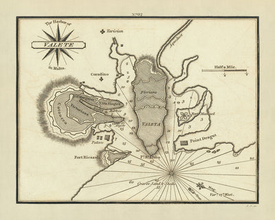 Carte nautique du vieux port de La Valette par Heather, 1802 : Fort Saint-Ange, Palais du Grand Maître, Co-cathédrale Saint-Jean