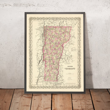 Ancienne carte du Vermont par JH Colton, 1855 : Burlington, Montpellier, Rutland, Brattleboro, St. Albans