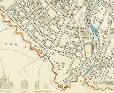 Mapa antiguo de Viena por SDUK en 1887 - Río Danubio, Alte Donau, Graben, Rennweg, Iglesia de San Carlos