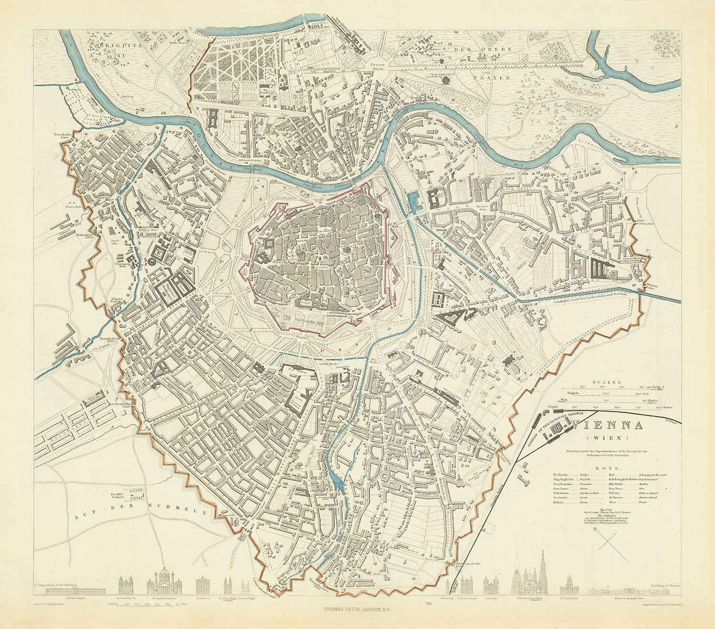 Ancienne carte de Vienne par SDUK en 1887 - Danube, Alte Donau, Graben, Rennweg, église Saint-Charles