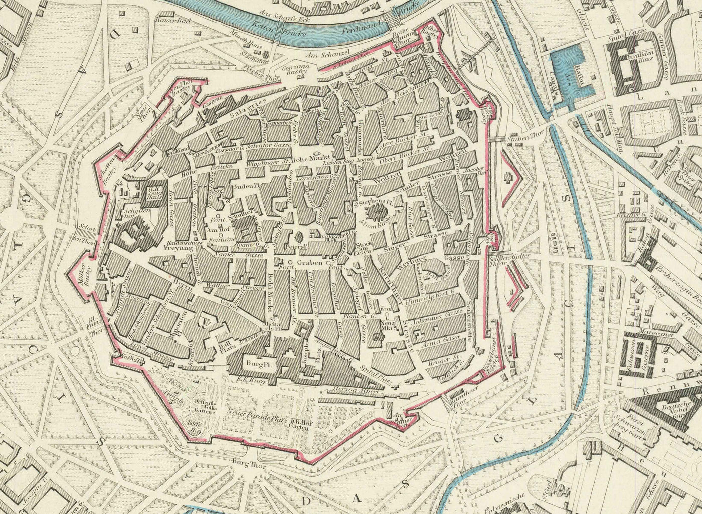 Mapa antiguo de Viena por SDUK en 1887 - Río Danubio, Alte Donau, Graben, Rennweg, Iglesia de San Carlos