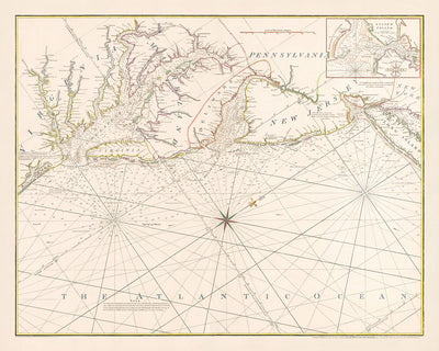 Ancienne carte nautique du littoral nord-américain par Heather, 1802 : port de New York, baie de Chesapeake, guerre de 1812