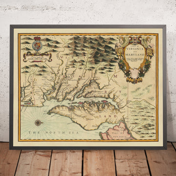 Alte Karte von Virginia & Maryland von John Speed, 1676: Jamestown, Yorktown, die Chesapeake Bay und die Mason-Dixon-Linie 