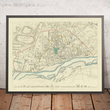 Mapa antigua de Varsovia, 1870: Río Vístula, Ciudad Vieja, Parque Łazienki, Castillo Real, Museos 