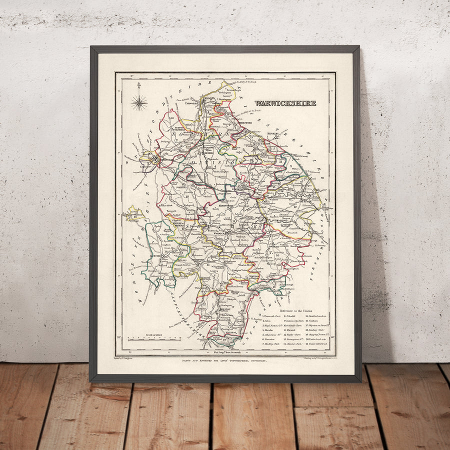 Ancienne carte du Warwickshire par Samuel Lewis, 1844 : Birmingham, Coventry, Stratford-upon-Avon, Warwick, Rugby