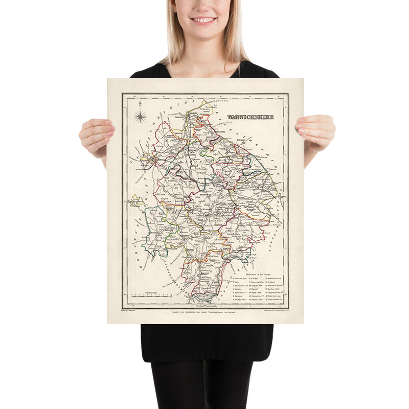 Ancienne carte du Warwickshire par Samuel Lewis, 1844 : Birmingham, Coventry, Stratford-upon-Avon, Warwick, Rugby