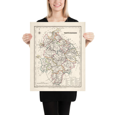 Ancienne carte du Warwickshire par Samuel Lewis, 1844 : Birmingham, Coventry, Stratford-upon-Avon, Warwick, Rugby