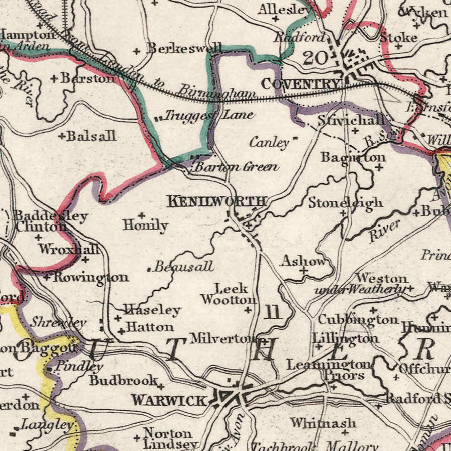 Ancienne carte du Warwickshire par Samuel Lewis, 1844 : Birmingham, Coventry, Stratford-upon-Avon, Warwick, Rugby