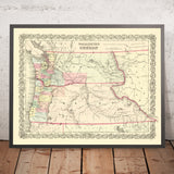 Ancienne carte de Washington et de l'Oregon par Colton, 1859 : Olympia, Vancouver, Salem, Portland, Walla Walla