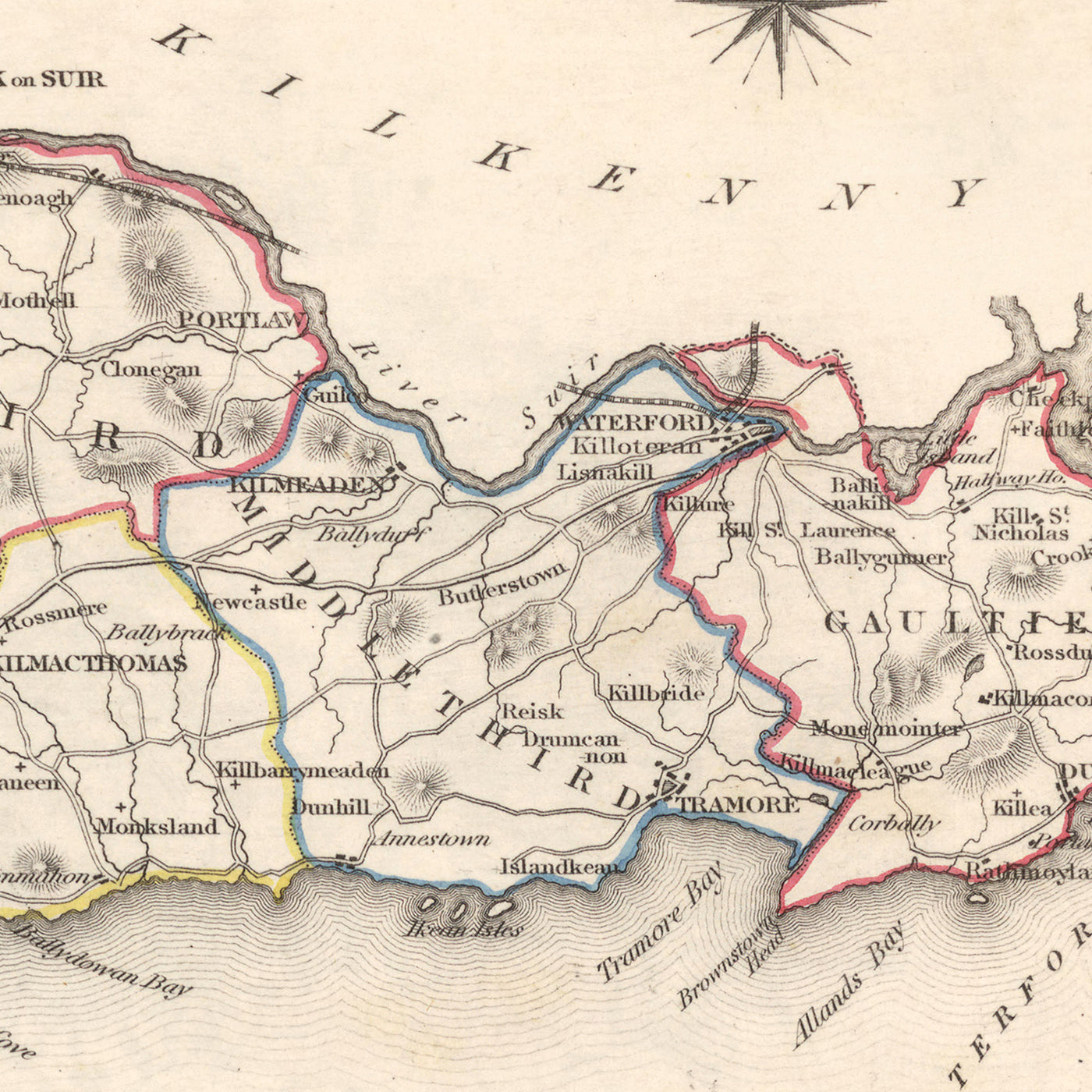 Mapa antiguo del condado de Waterford por Samuel Lewis, 1844: Dungarvan, Lismore, Cappoquin, Tramore, Dunmore East