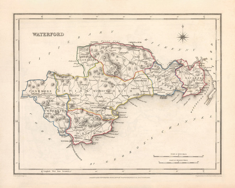 Alte Karte des County Waterford von Samuel Lewis, 1844: Dungarvan, Lismore, Cappoquin, Tramore, Dunmore East 