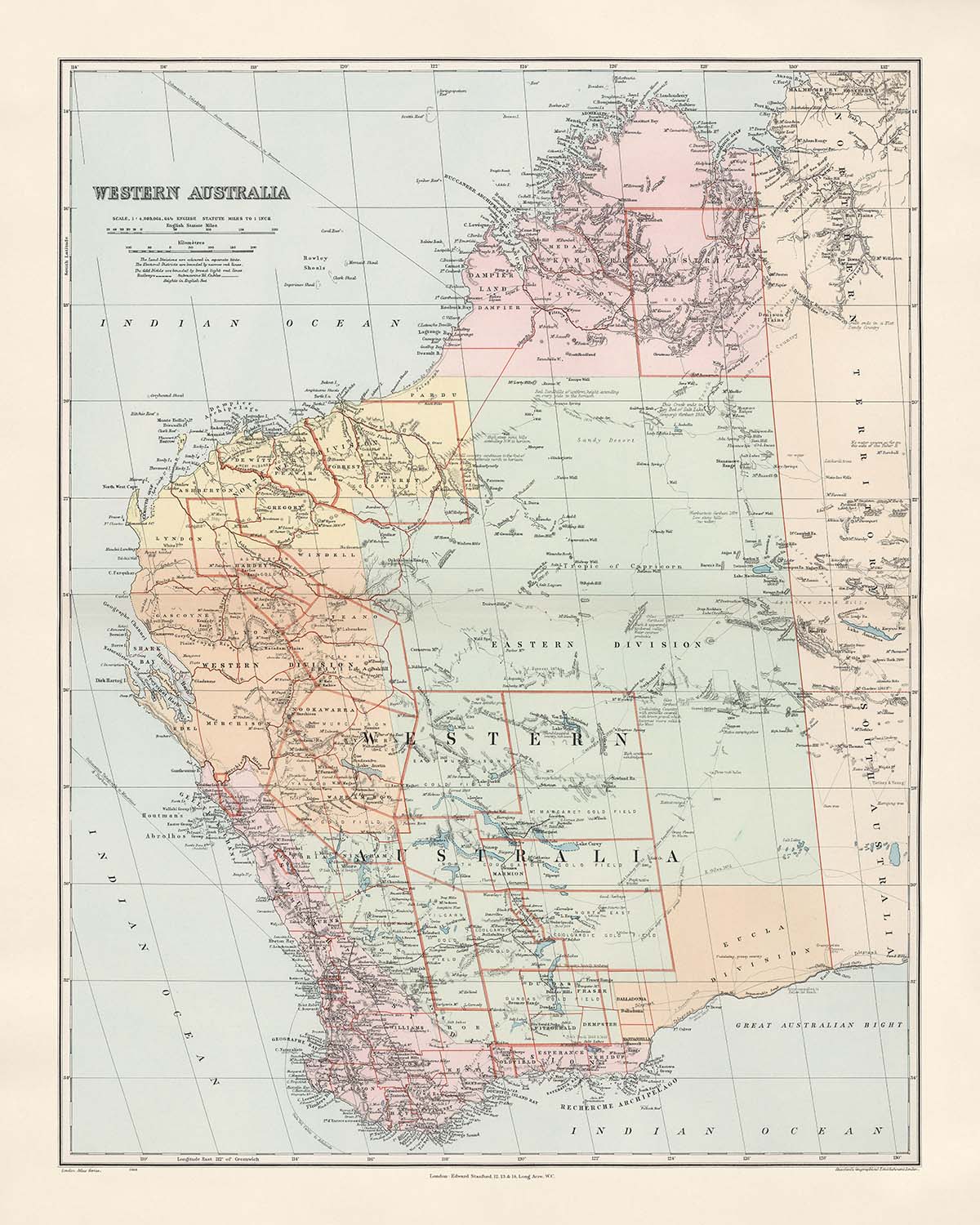 Old Map of Western Australia & the Outback by Edward Stanford, 1904: Perth, Railroads, Explorers' Routes, Great Victoria Desert